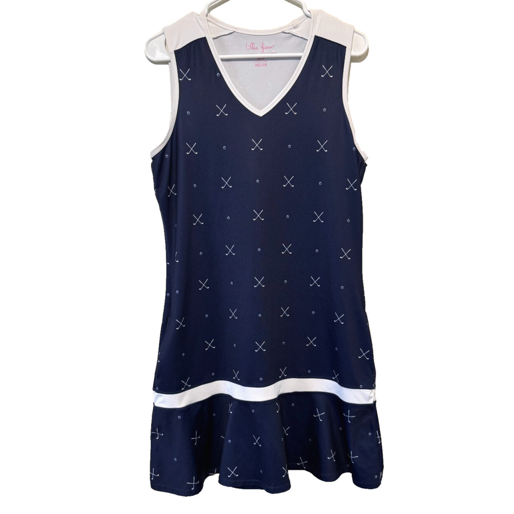 Lillie Green Women's Dress Size Medium Sleeveless Golf Print Stretch Ruffle Hem